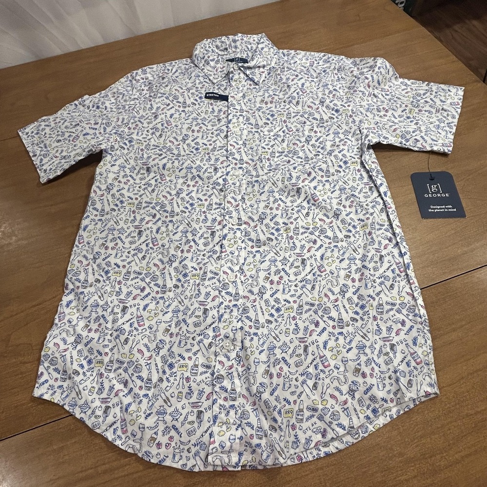 George Shirt Mens Small White BBQ Food Print Short Sleeve Button Up Stretch